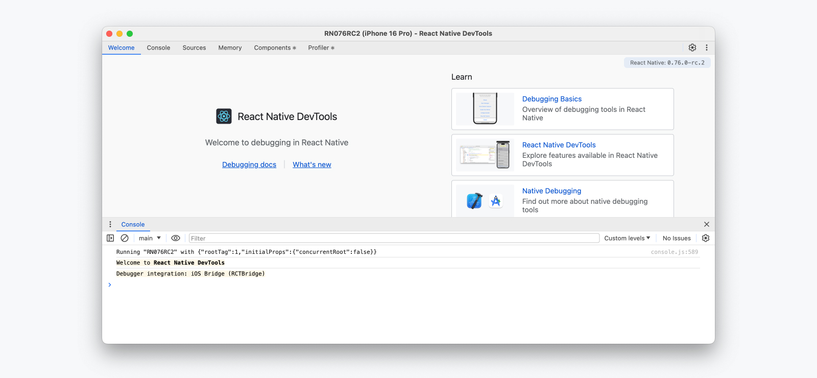 React Native DevTools opened to the "Welcome" pane